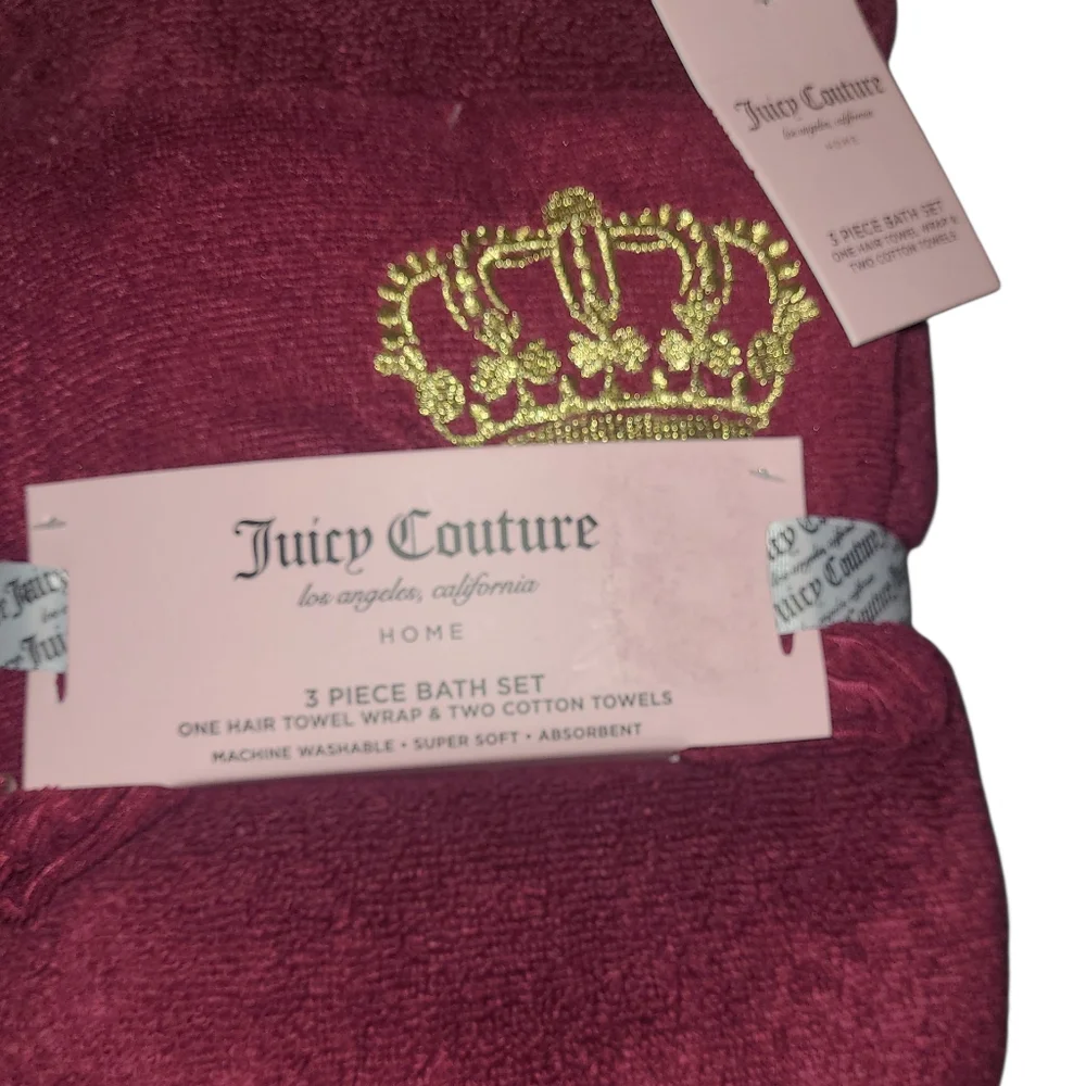 Juicy Couture 3pc Maroon & Gold Bath Towel Set